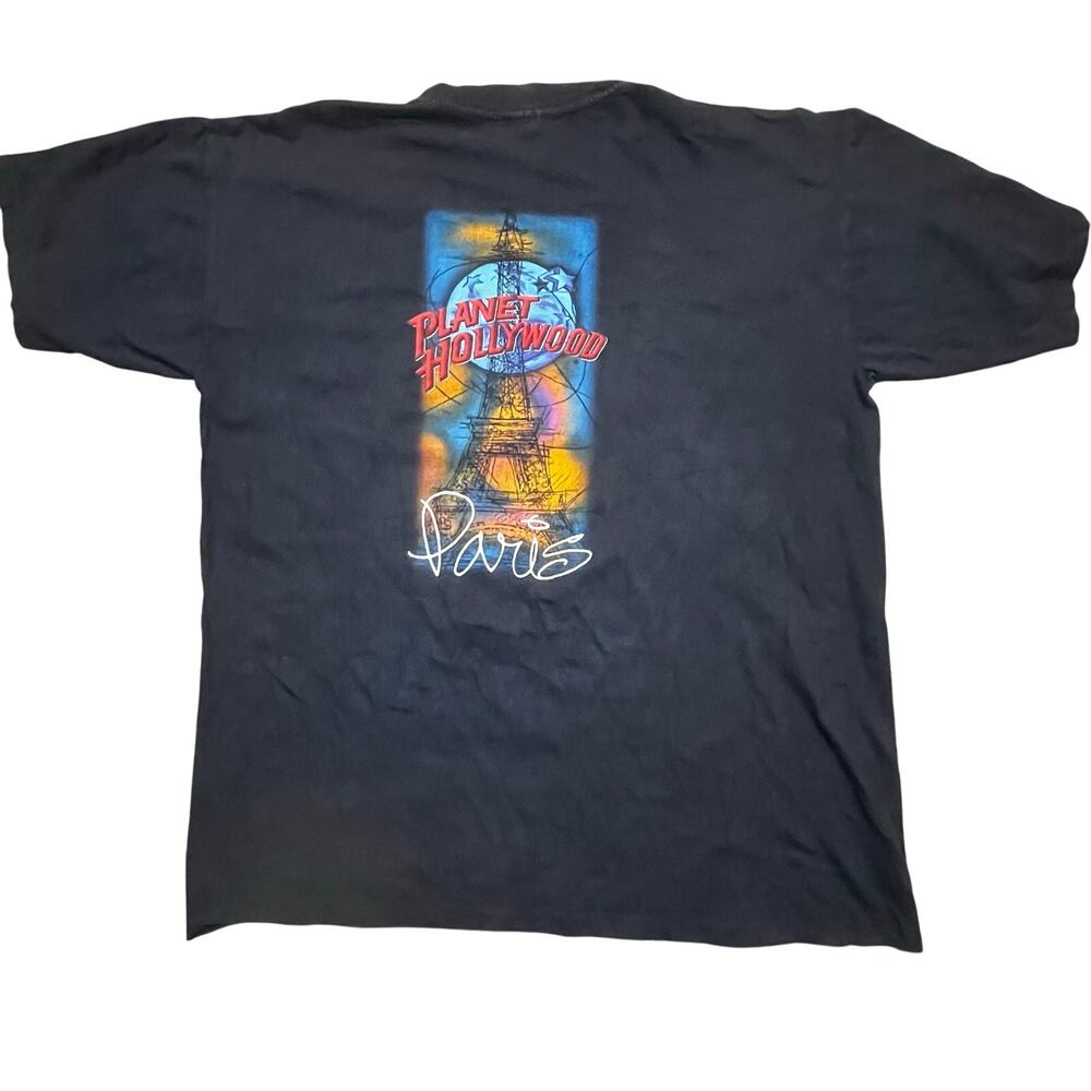 Vintage Planet Hollywood Paris Eiffel‎ Tower Black Graphic Large Tourist Shirt